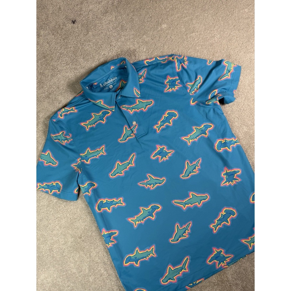 Chubbies Performance Polo Shirt Mens S Tropical Beach Graphic Golf Stretch Shark